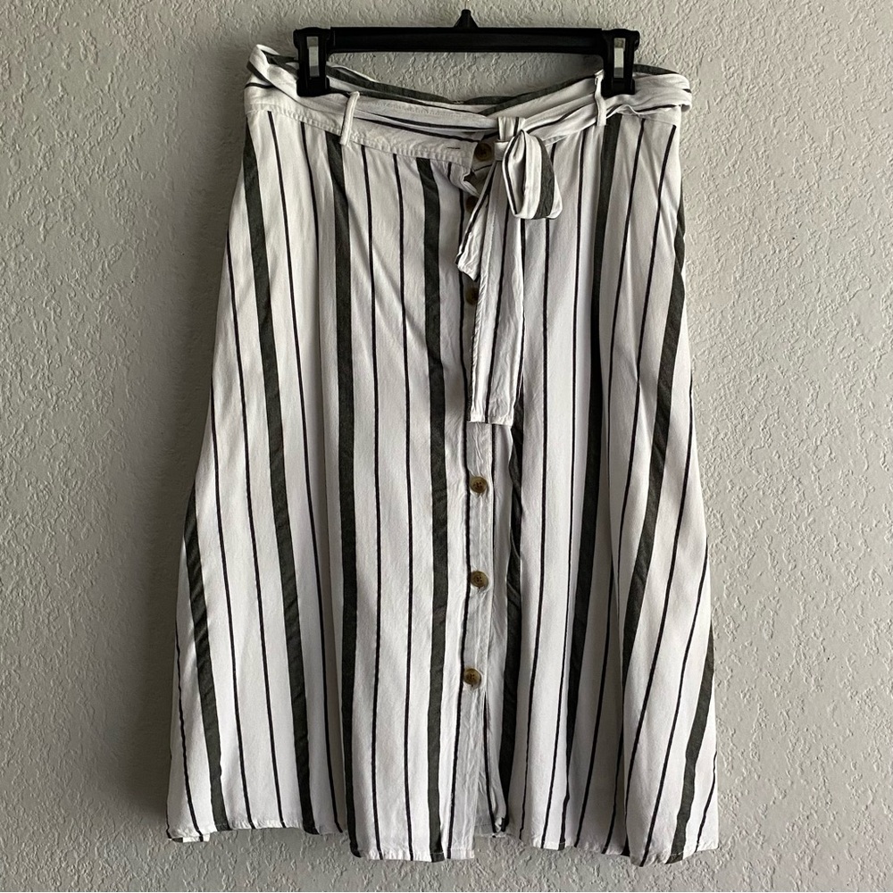 LOFT Black and White A-line Midi Skirt with Tie Front